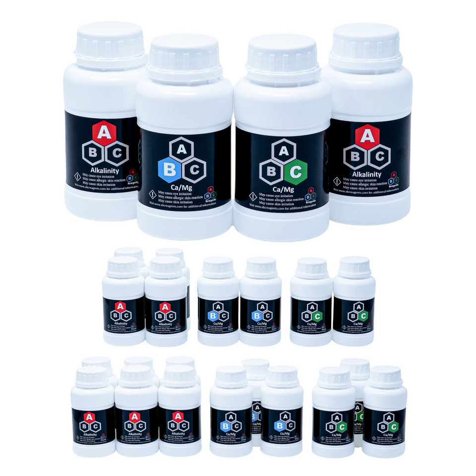 ABC reagents 2, 4 and 6 month kits arranged together, promotional photo showing all bottles