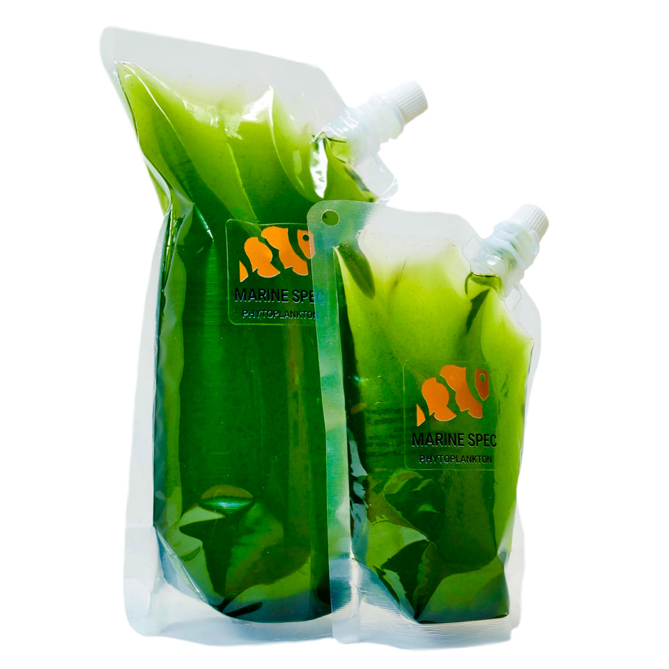 Marine Spec live nannochloropsis phytoplankton in 250ml and 500ml pouches side by side