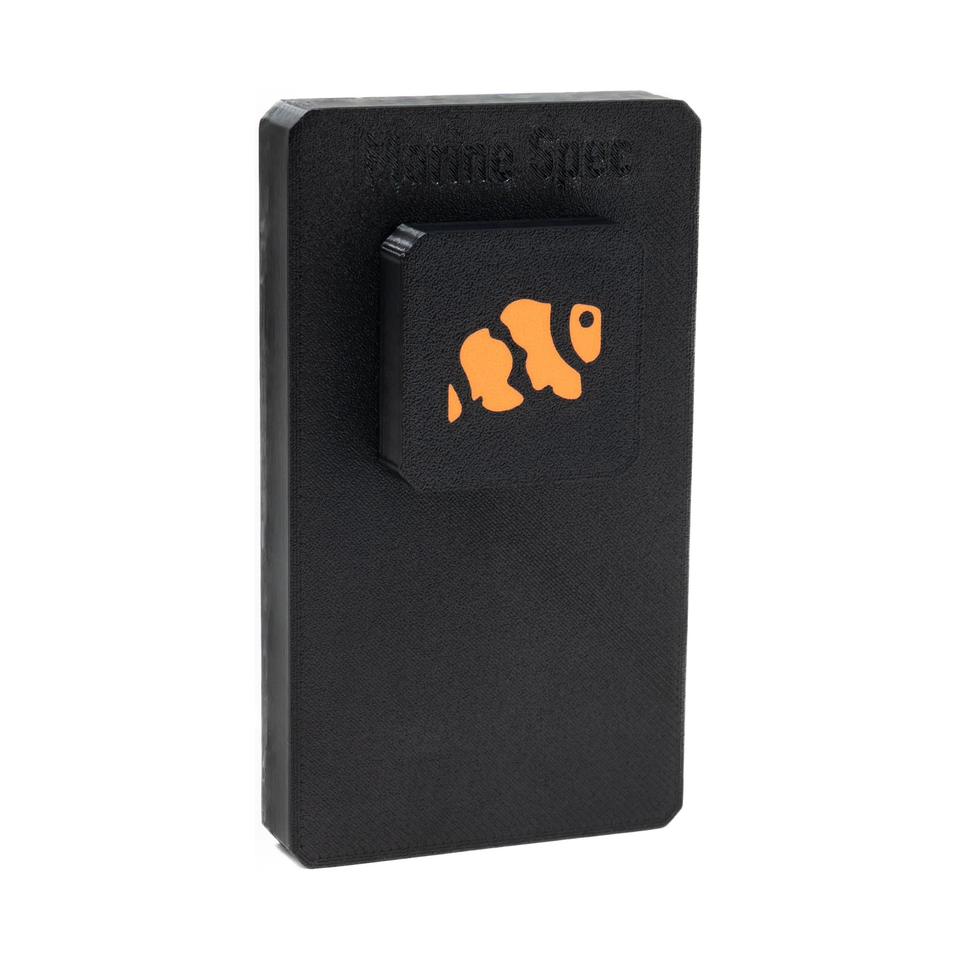 Magnetic nori feeder from the side with its magnet housing and clownfish logo
