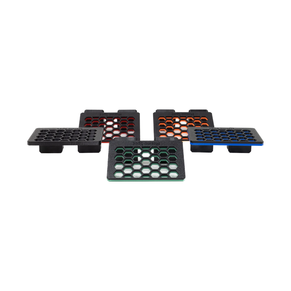 5 Mini magnetic frag racks in different colours seen from above