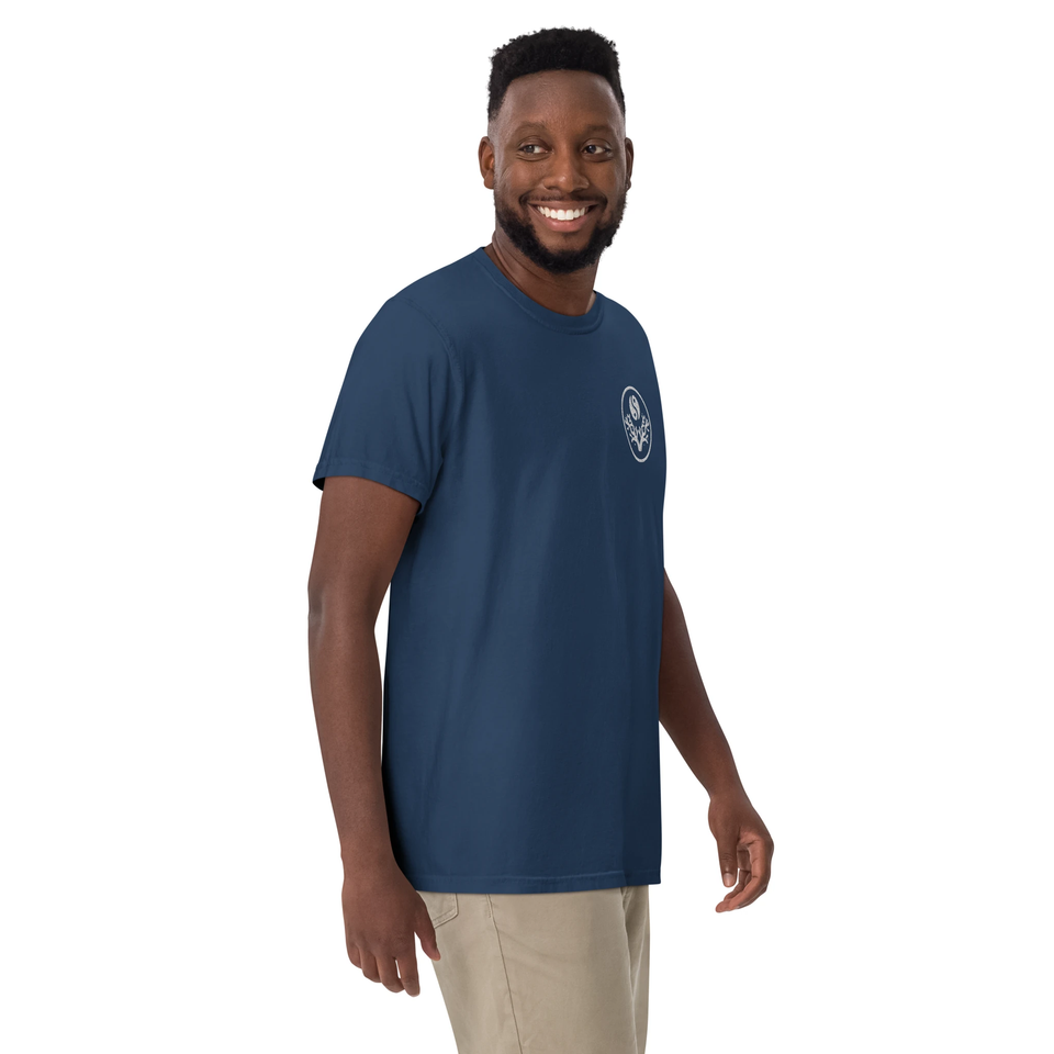 Man wearing the French Navy Stay Mindful, Keep Reefing t-shirt, front view