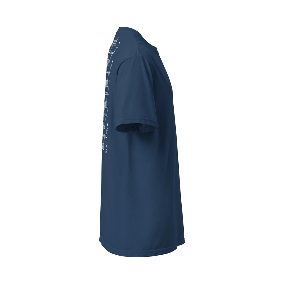 French Navy Stay Mindful, Keep Reefing t-shirt opposite side view with sleeve print