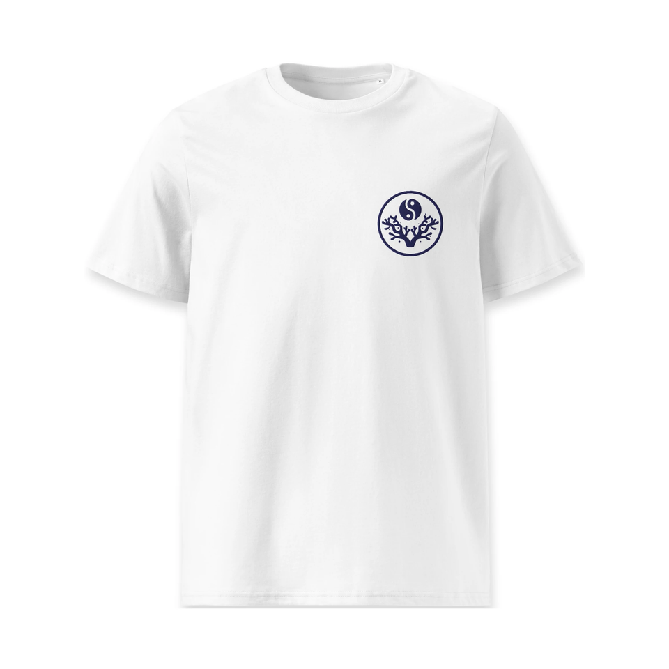 White Stay Mindful, Keep Reefing t-shirt flat front with embroidered emblem