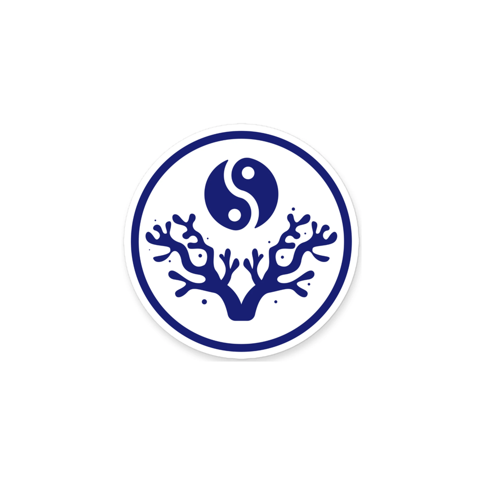 The Spiritual Reefer coral yin yang emblem sticker in navy and white on black