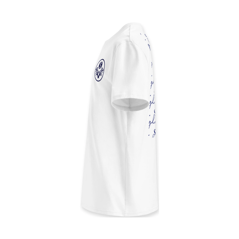 White Stay Mindful, Keep Reefing t-shirt side view with print down the sleeve