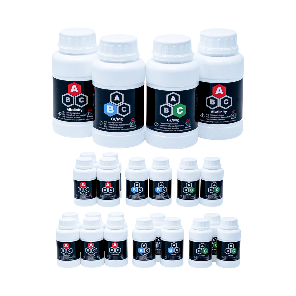ABC reagents 2, 4 and 6 month kits arranged together, promotional photo showing all bottles