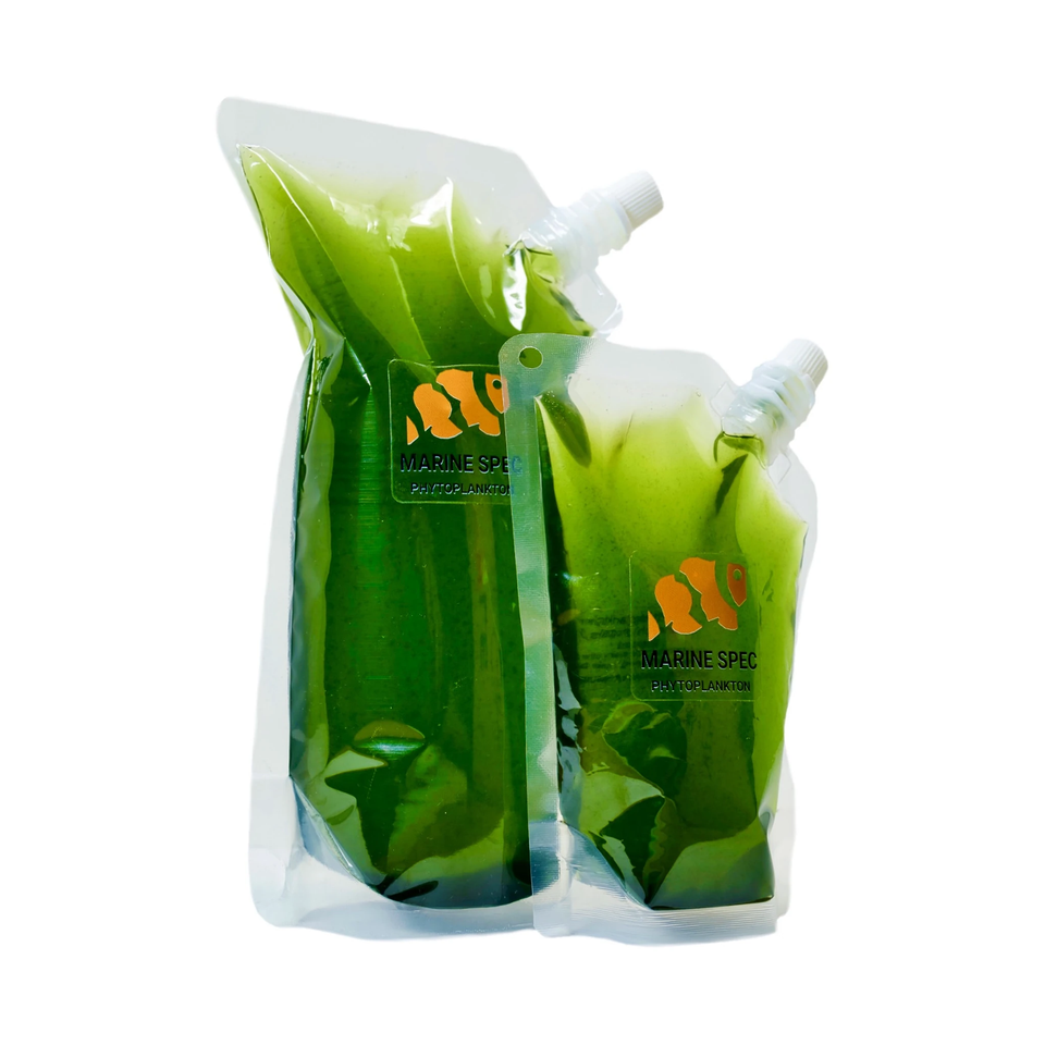Marine Spec live nannochloropsis phytoplankton in 250ml and 500ml pouches side by side