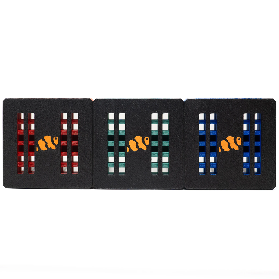 Top view of 3 Maxspect bio sphere holders showing the Marine Spec logo and coloured slots