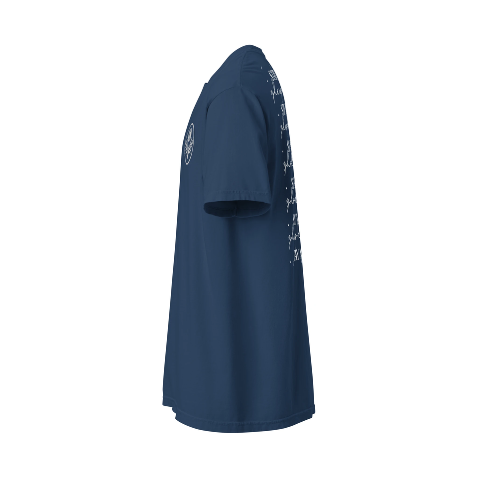 French Navy Stay Mindful, Keep Reefing t-shirt side view with print down the sleeve
