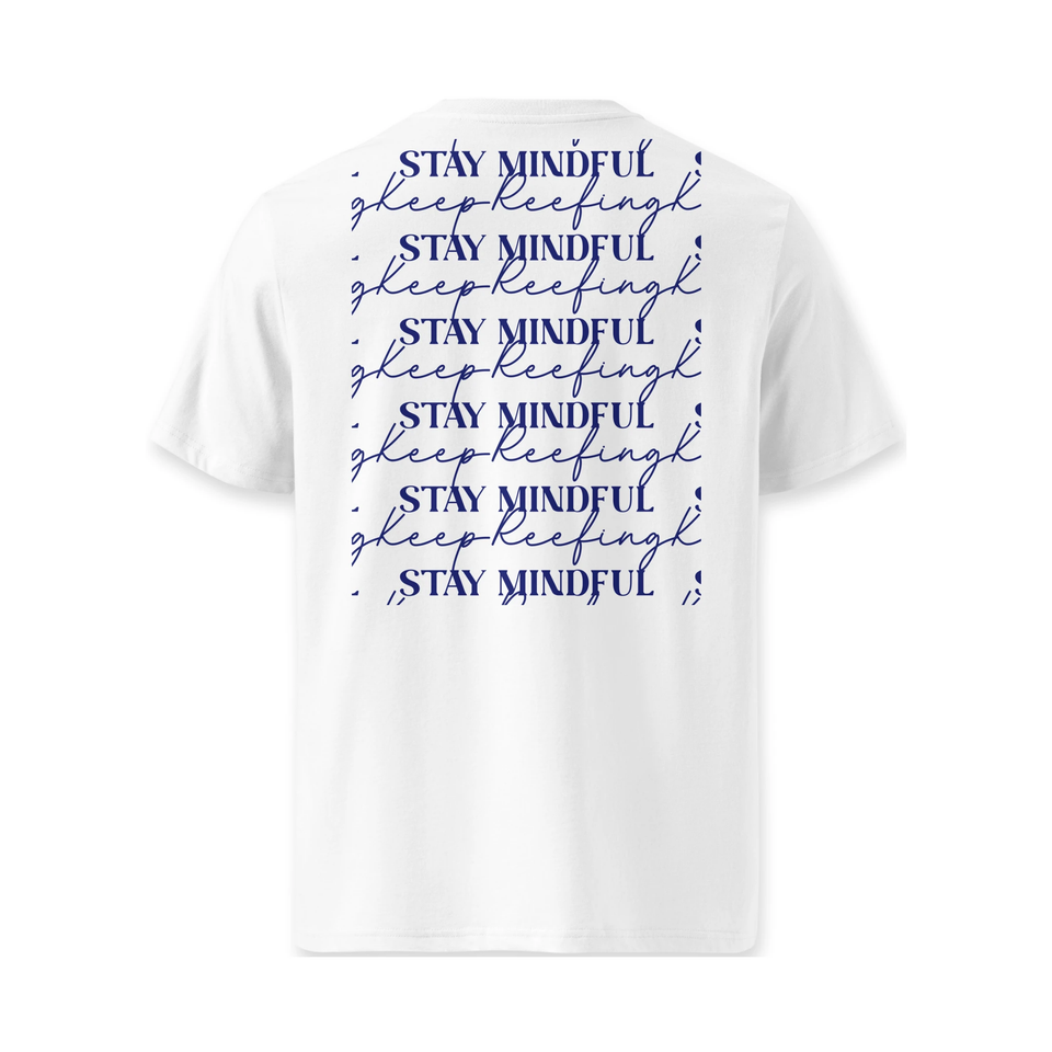 White Stay Mindful, Keep Reefing t-shirt flat back with repeated navy print
