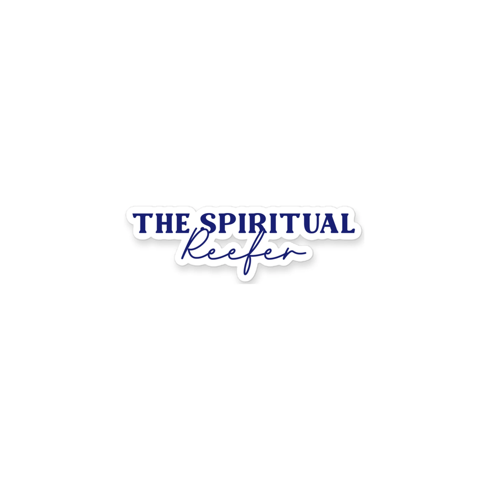 The Spiritual Reefer name sticker in navy and white on a black background