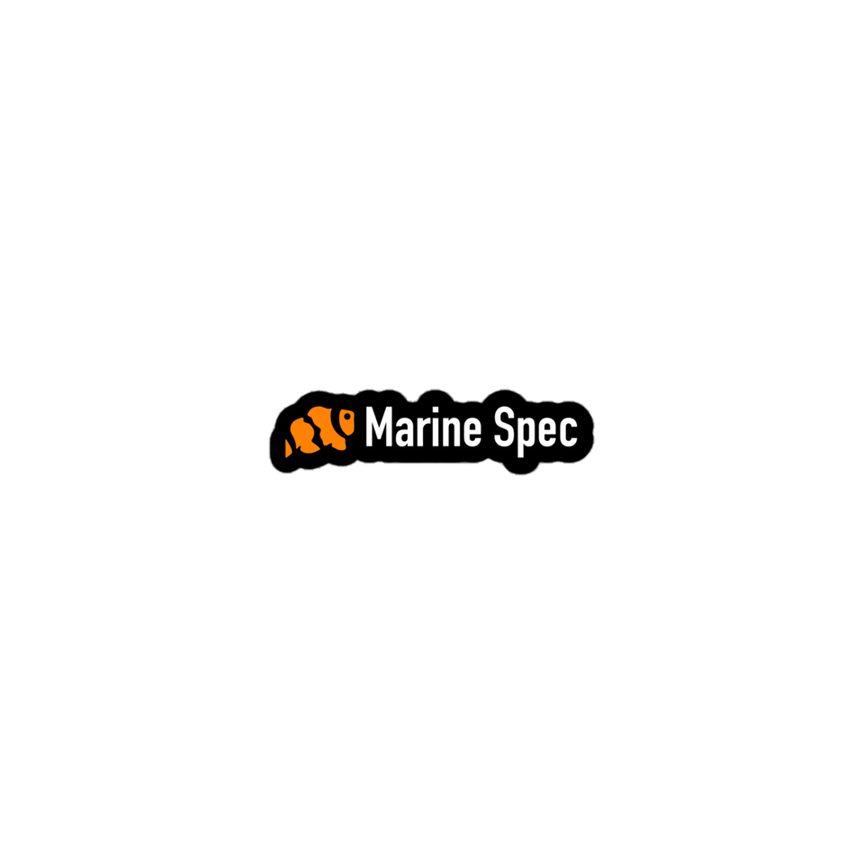 Marine Spec logo and text sticker in orange and white on black