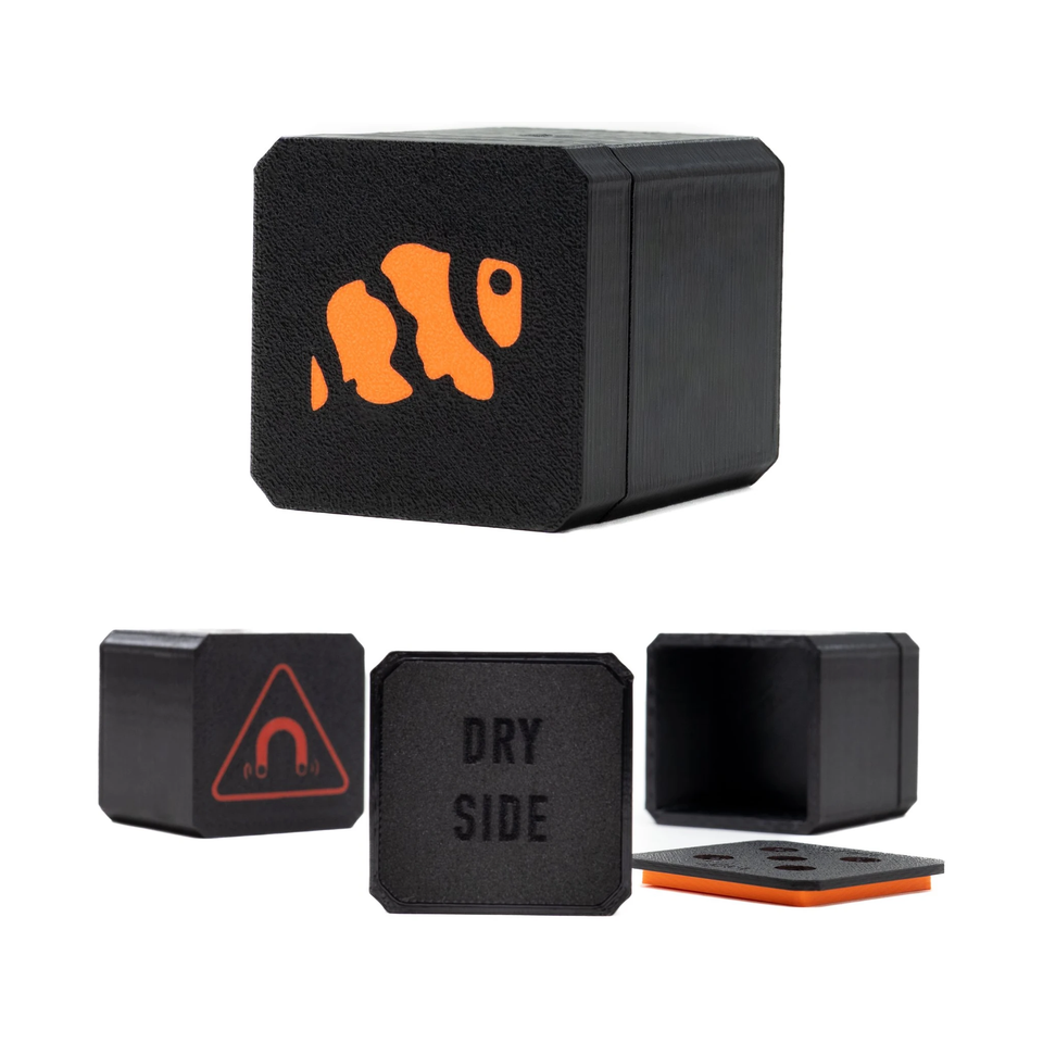 Magnetic butterfly feeder parts: removable cap, body and Dry Side magnet housing with fish logo
