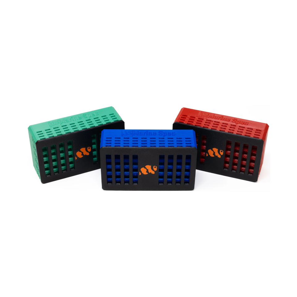 3 Maxspect bio block holders and pod hotels V2 in green, blue and red