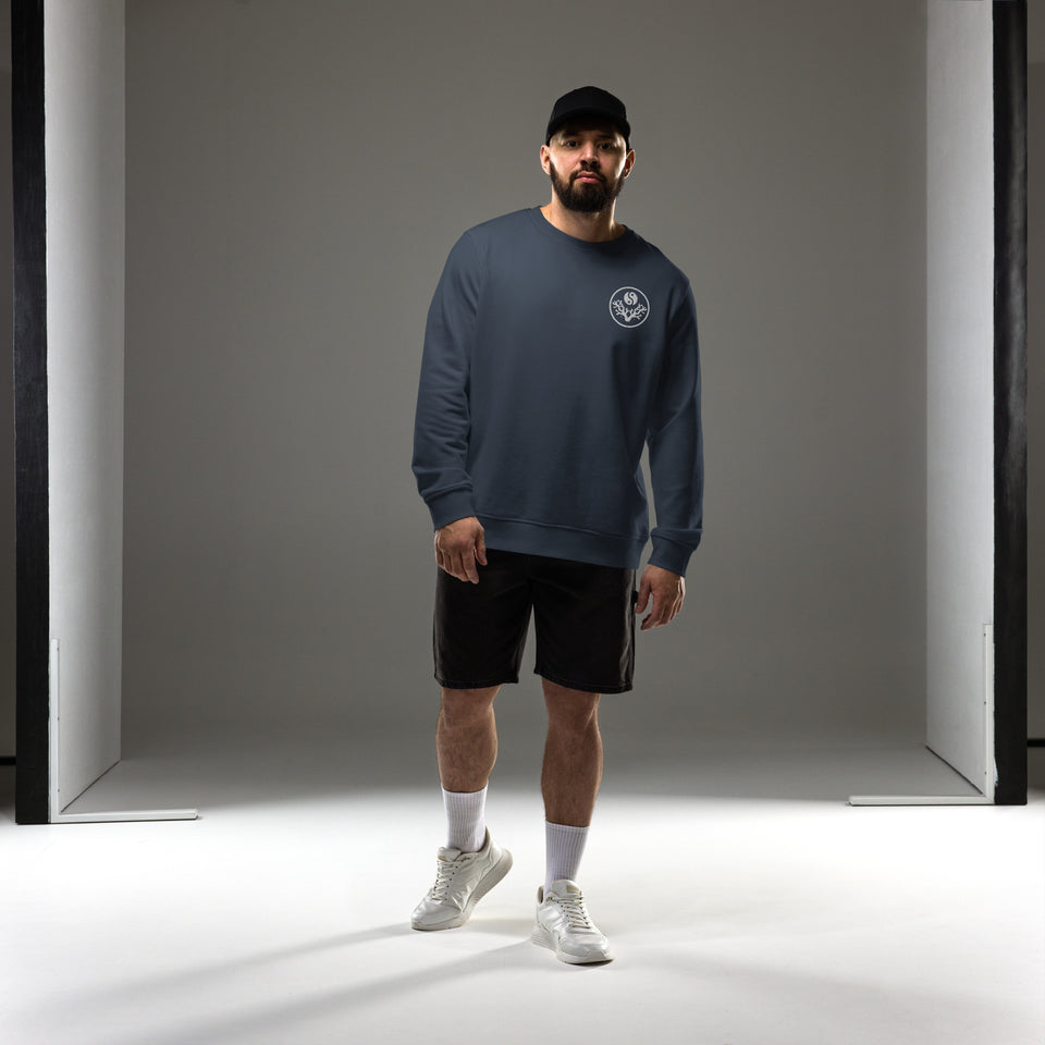 Man standing in the French Navy Stay Mindful, Keep Reefing sweatshirt, front view