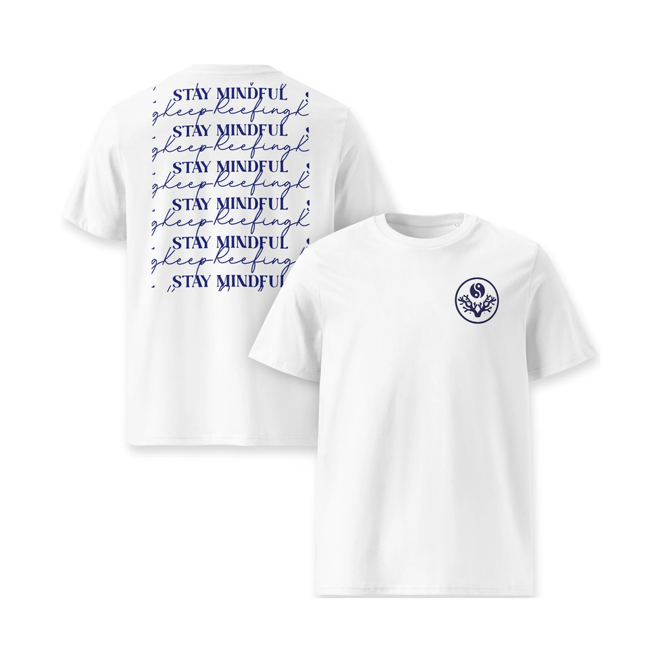 White Stay Mindful, Keep Reefing t-shirt shown front and back together