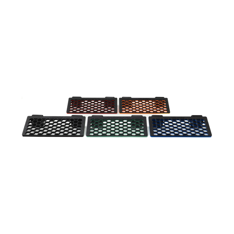 Standard magnetic frag racks in all 5 colours laid out together