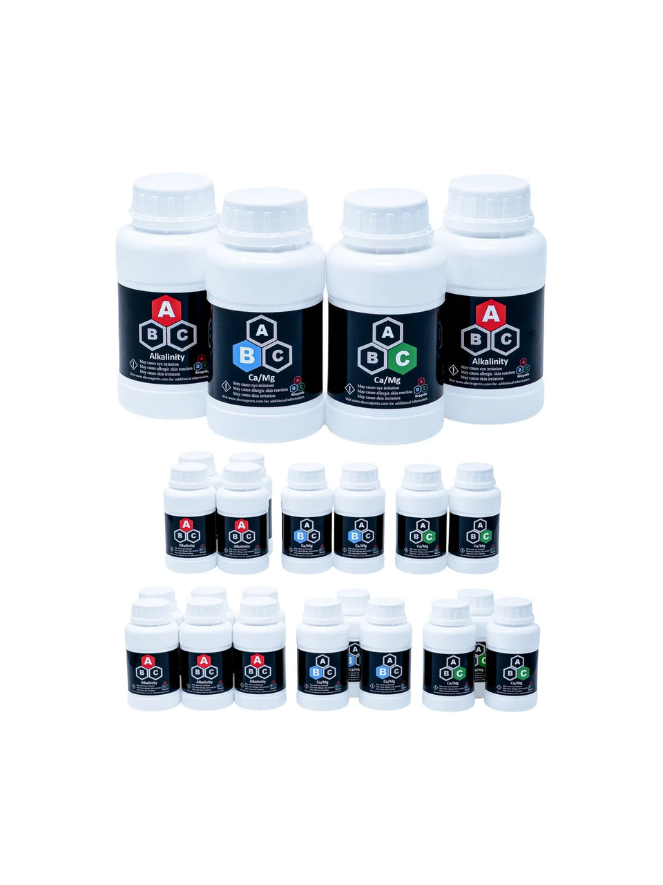 ABC reagent bottles in the 2, 4 and 6 month kits on white