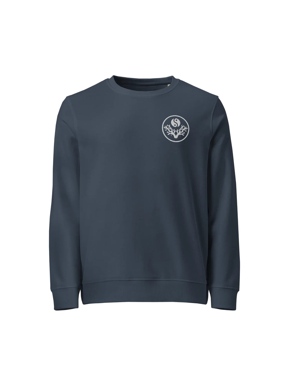 French Navy organic sweatshirt with the Spiritual Reefer emblem, flat front on white